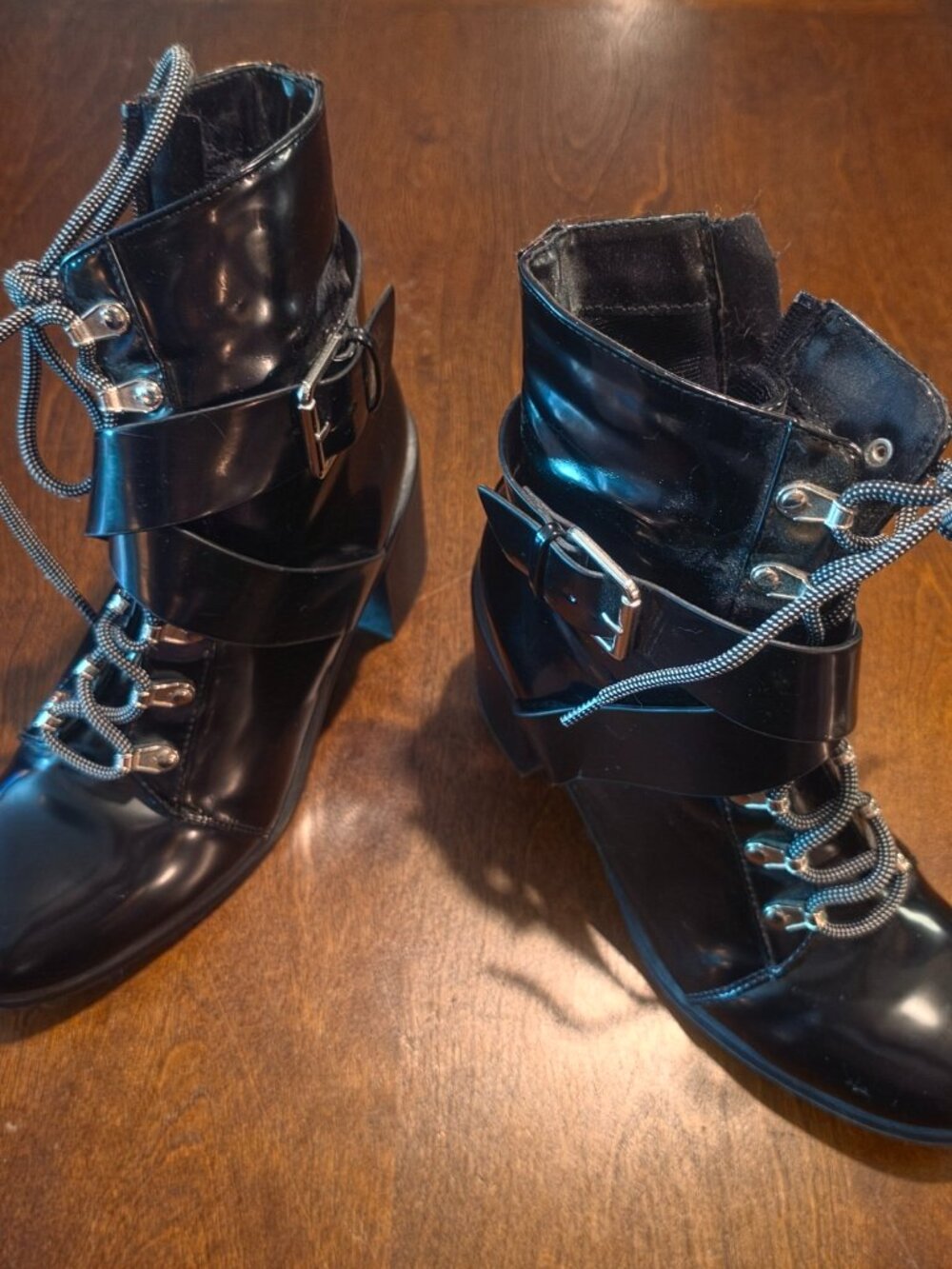 City Classified Black Patent Combat‑Style Boots Double Buckle Patterned Lace